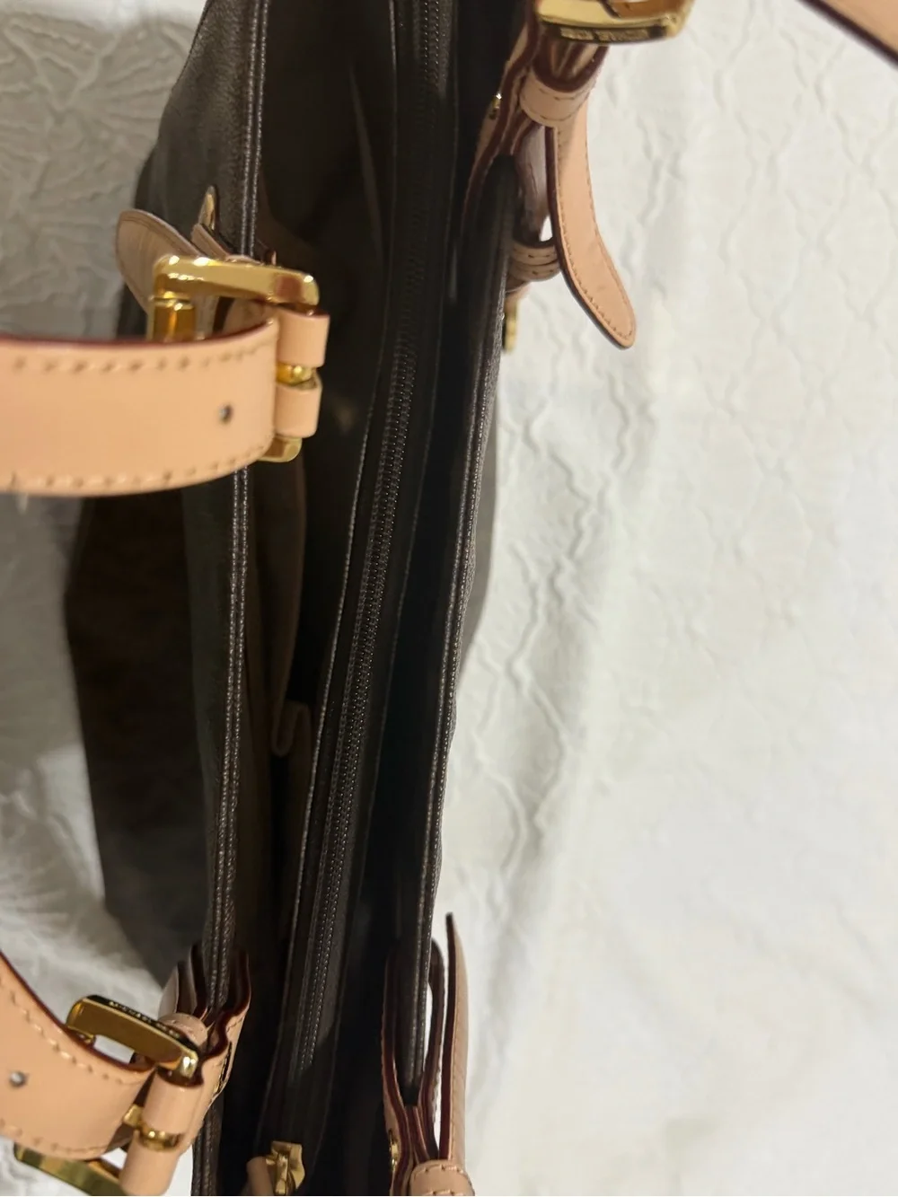 Michael Kors Brown Monogram Tote with Blush Straps